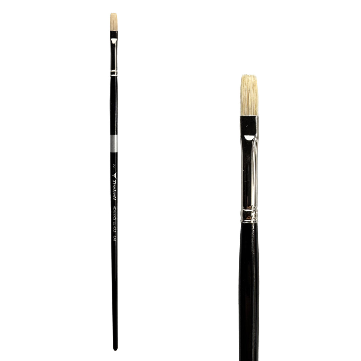 Trekell Hog Bristle Long Handle Artist Brush - Size #2 Flat, with straight-edged, flat bristles.