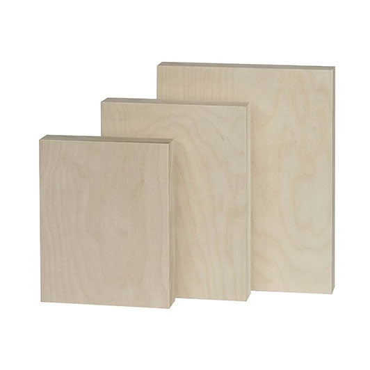 Trekell Unprimed Baltic Birch Panel, three unpainted rectangular wood panels in overlapping sizes with thin edges.