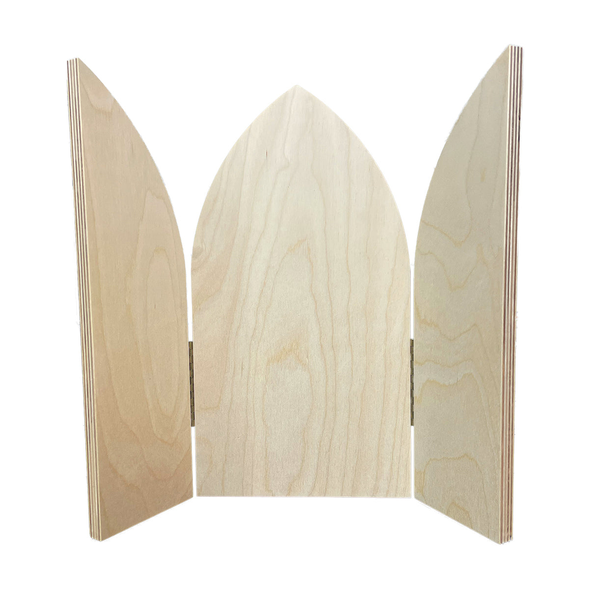 Gothic Arch altar panel open, unpainted pointed center flanked by curved wings.