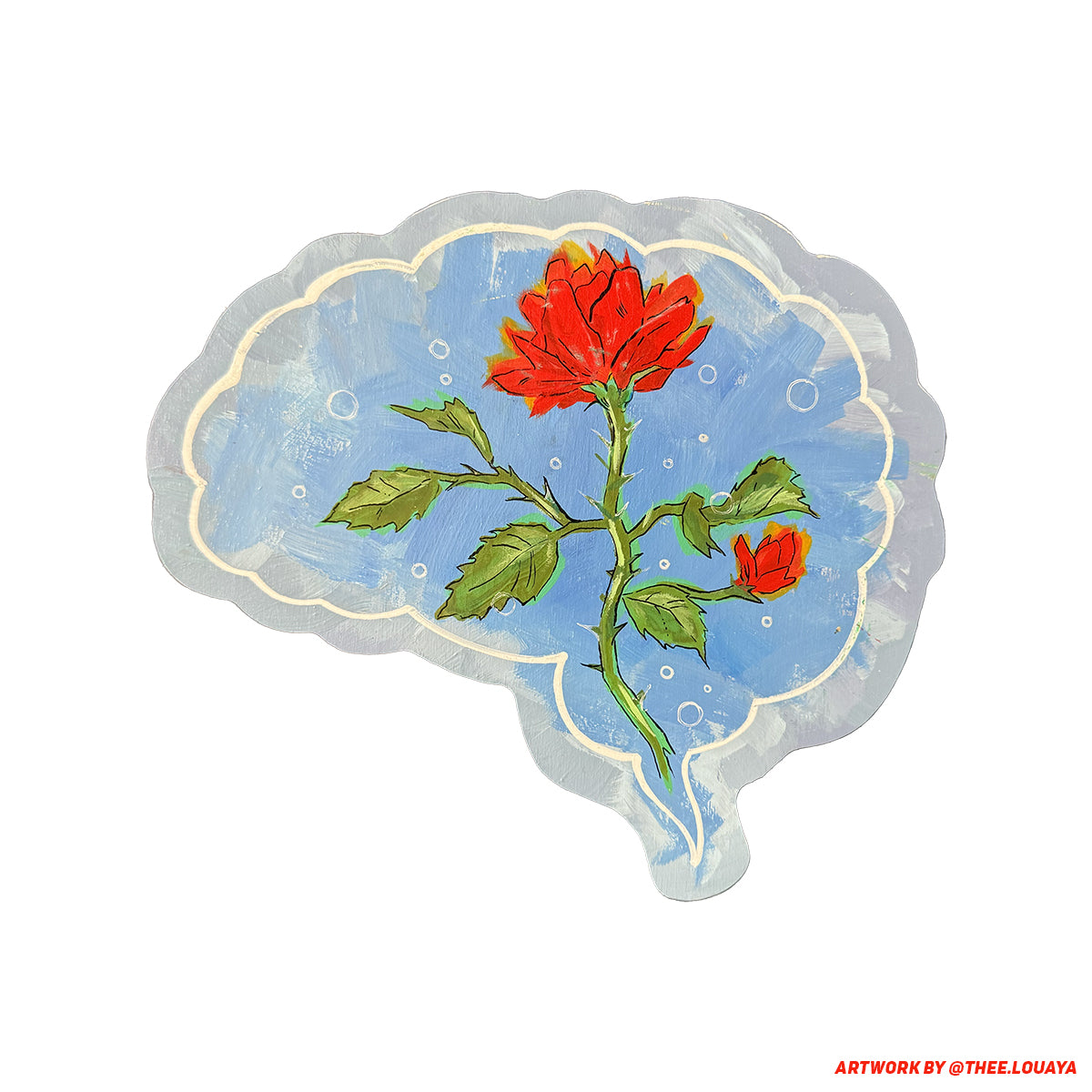 Red rose and bud with green leaves on a pale blue brain-shaped panel edged with white scallops.