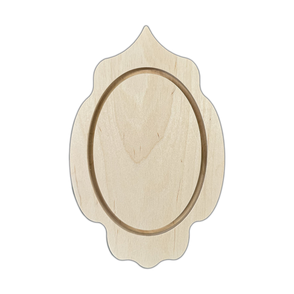 Trekell Ornate Vintage Floater Panel, vertical oval inset within a pointed, scalloped wooden outline.