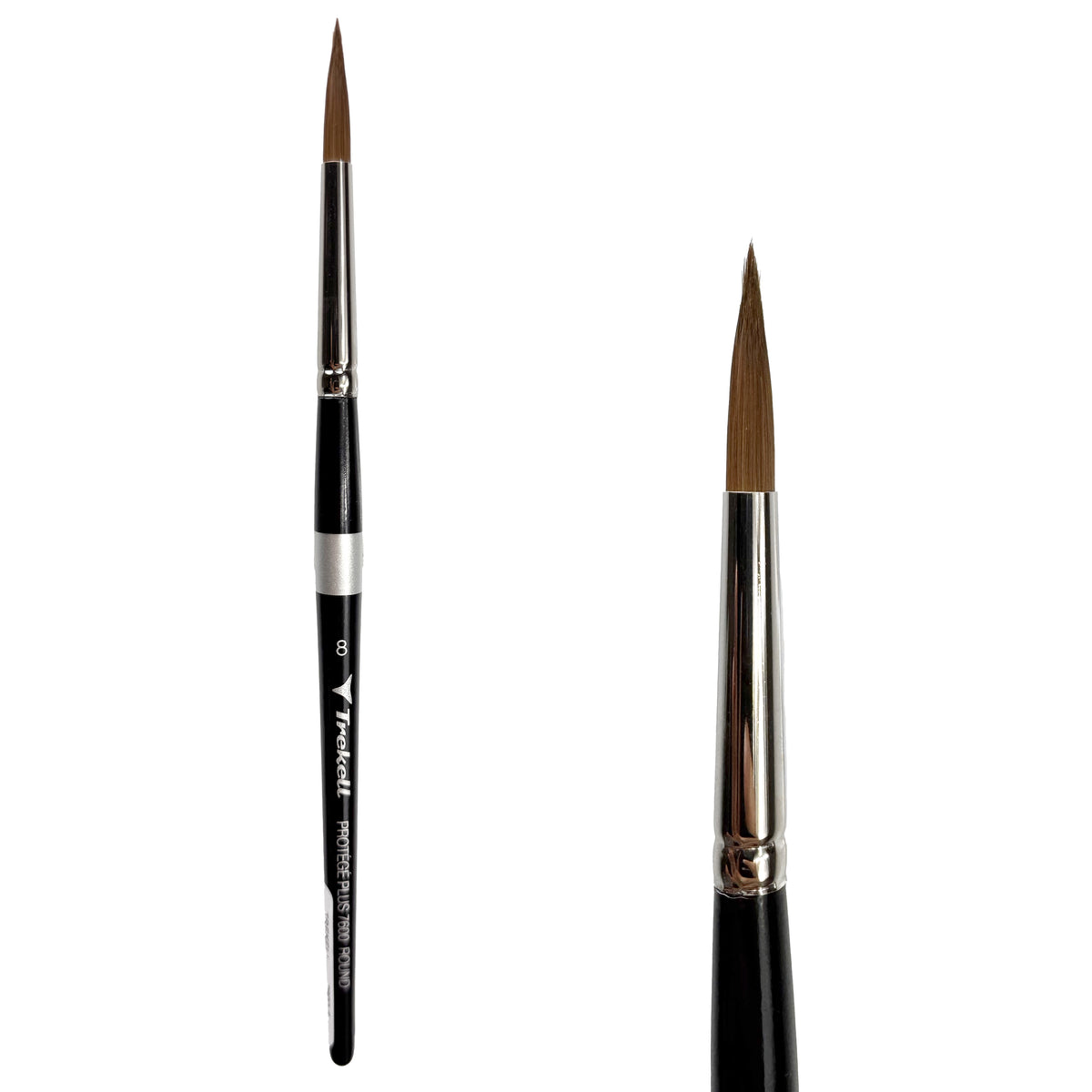 Trekell Protégé Plus #8 Round Brush - Short Handle, with rounded, pointed bristles.