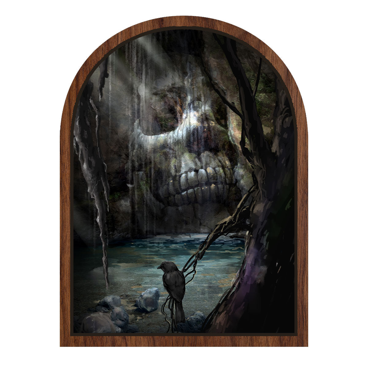 Dark forest painting with a skull-like formation above water in a rounded arch frame.