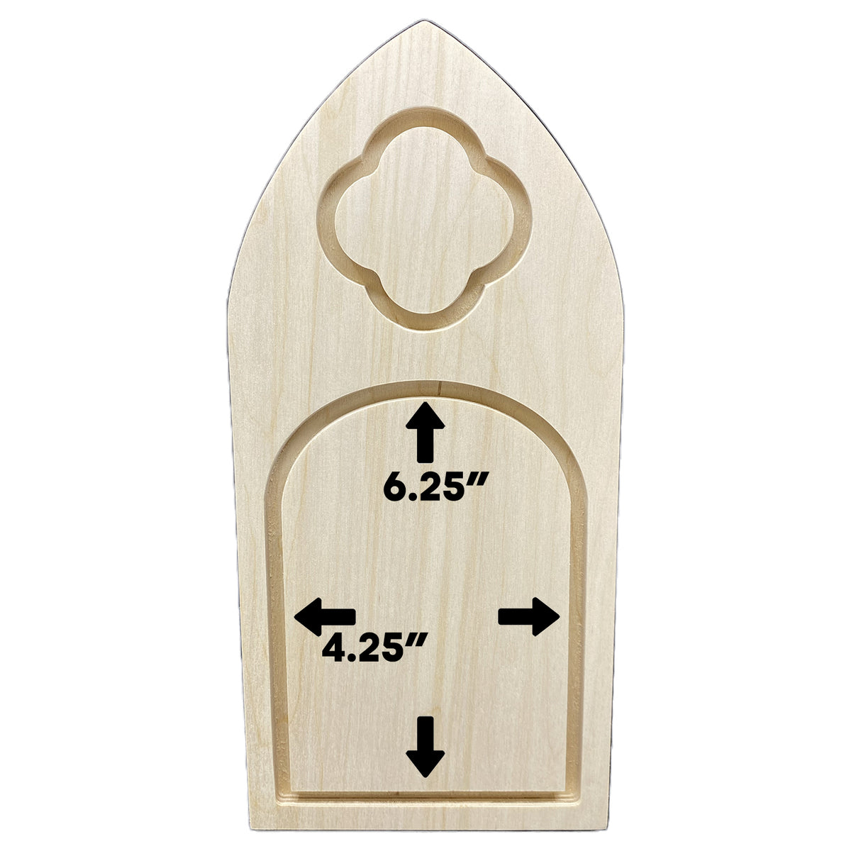Trekell Gothic Vienna Floater Panel diagram: the lower arched painting area measures 6.25 inches high by 4.25 inches wide.