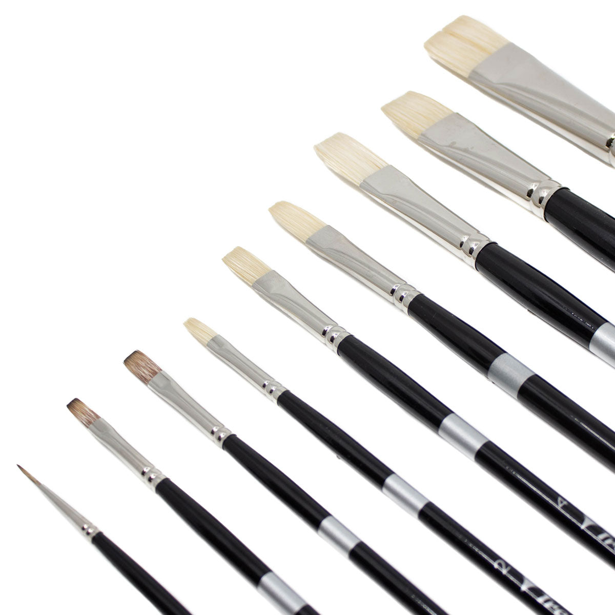 Black-handled brushes with pale flat and rounded bristles fanned diagonally.