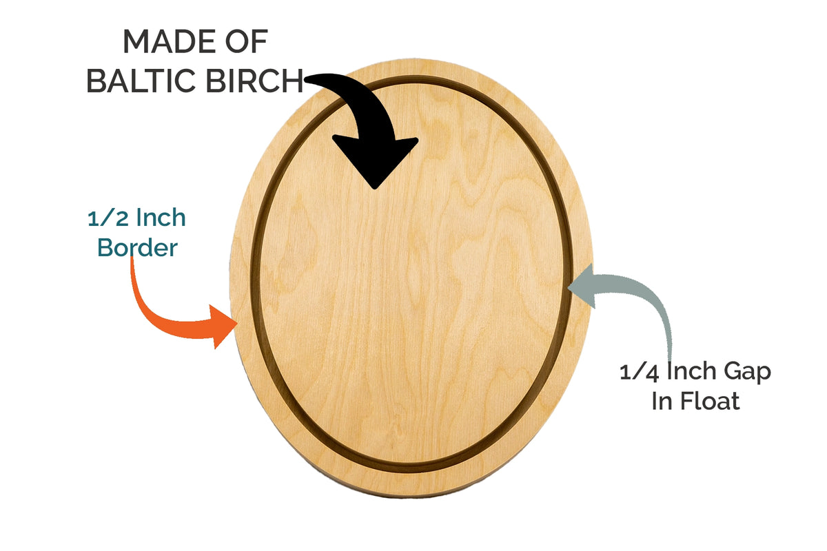 Oval floater panel diagram: Baltic birch, 1/2-inch border and 3/4-inch gap in float.