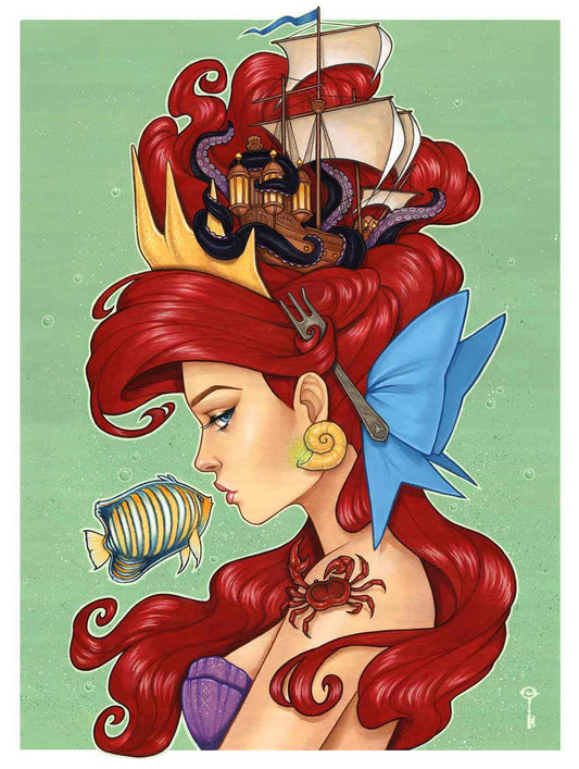 Red-haired illustrated woman in profile beneath a tall ornate ship headdress.
