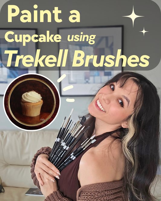 Woman holds brushes beneath text inviting viewers to paint a cupcake with Trekell brushes.