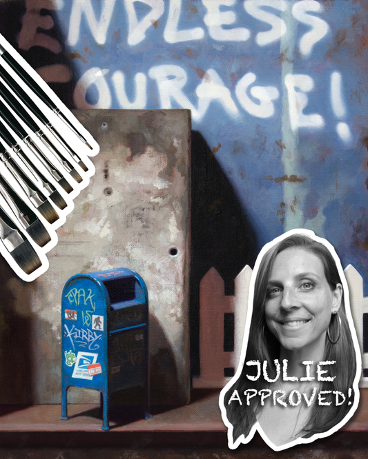 Panel and brushes graphic with a Julie Approved portrait badge.