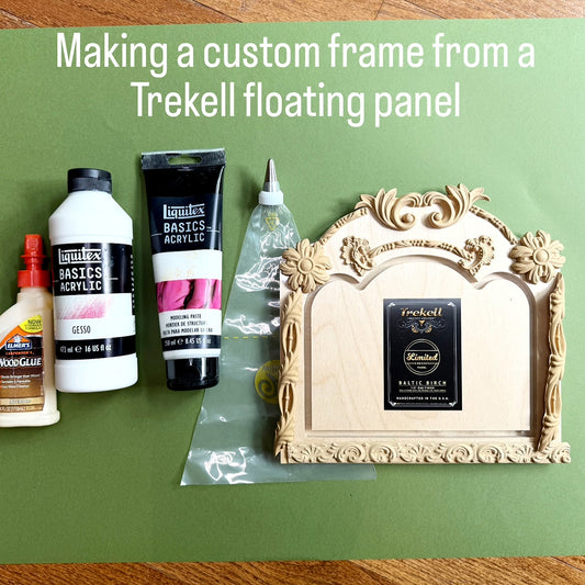 Custom frame tutorial graphic with supplies and a white ornate picture frame.