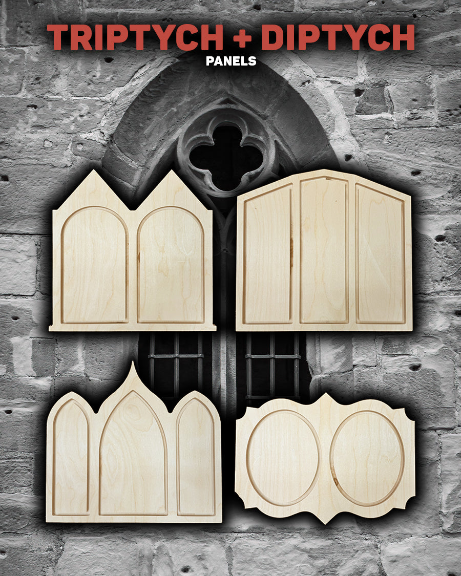 Promotional graphic reading “TRIPTYCH + DIPTYCH PANELS,” showing four natural-wood, altar-style multi-section panels against a gray stone-arch background.