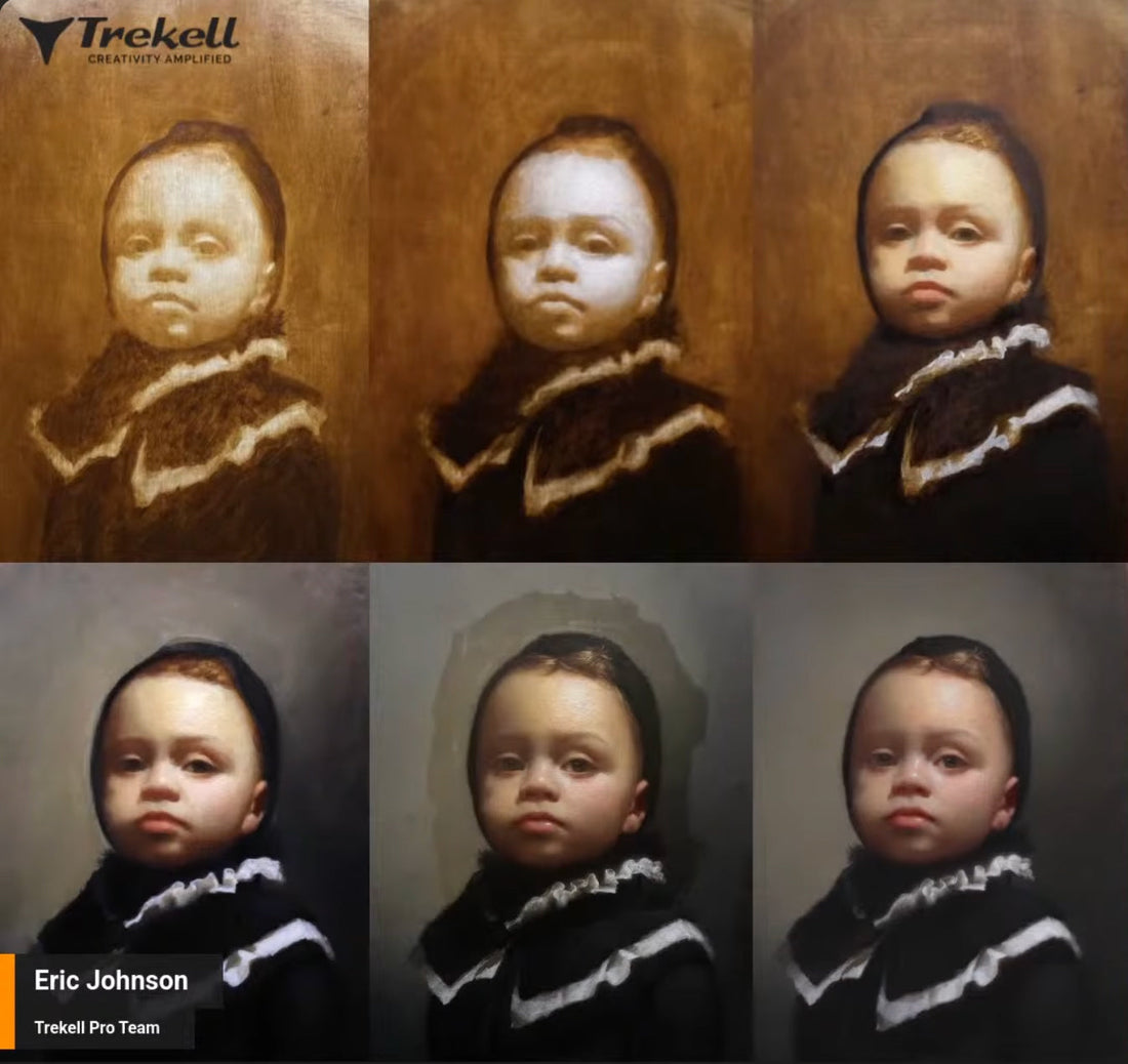 Six stages of a young child's portrait, from warm underpainting to dark finished tones.