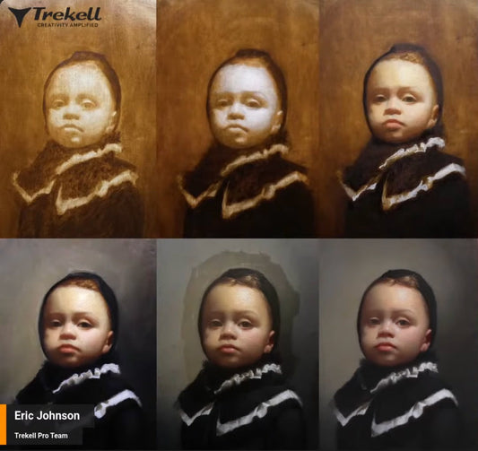 Six stages of a young child's portrait, from warm underpainting to dark finished tones.