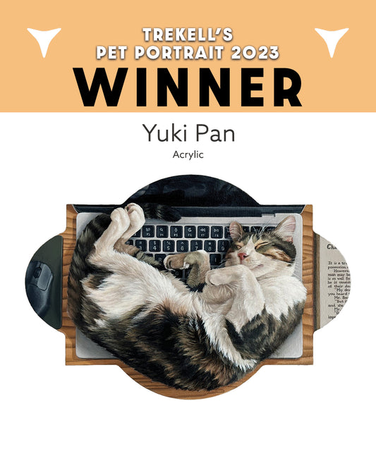 Pet portrait competition winner graphic naming Yuki Pan above two reclining cats.