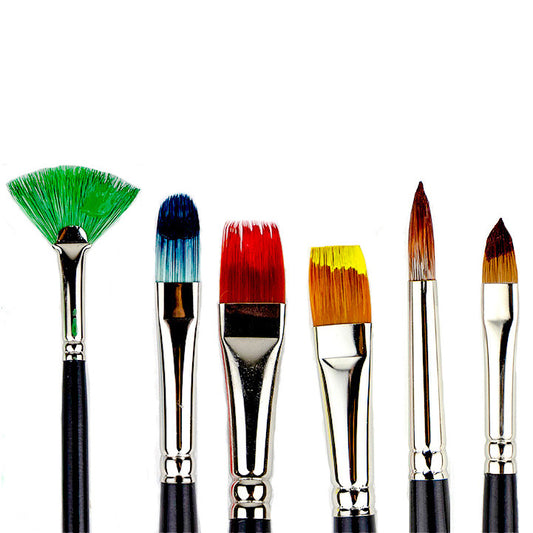 Six brushes with bristles loaded in green, blue, red, yellow and brown paint.