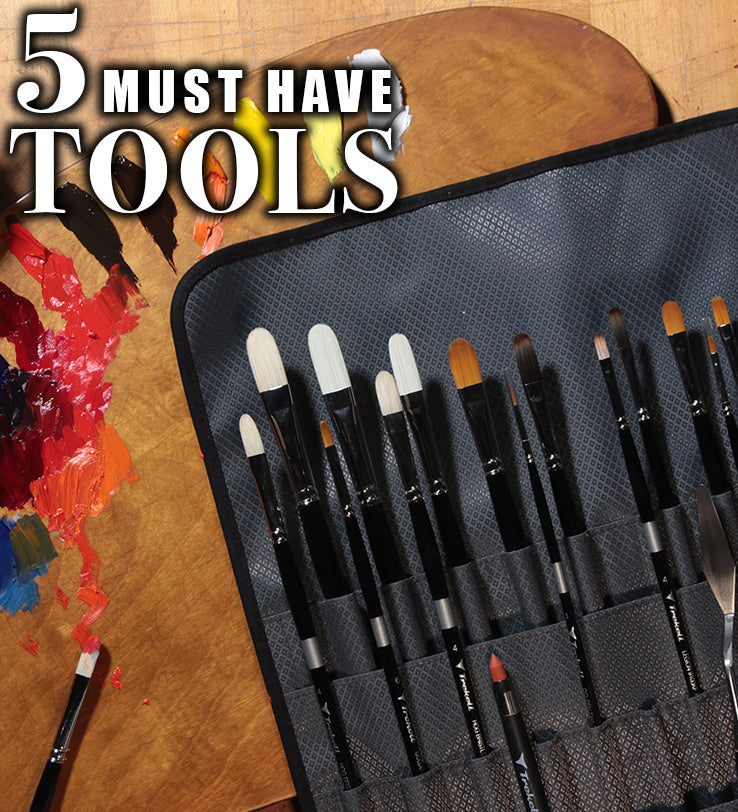 Open black brush case beside a palette; text reads 5 Must Have Tools.