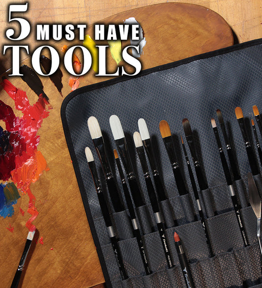 Open black brush case beside a palette; text reads 5 Must Have Tools.