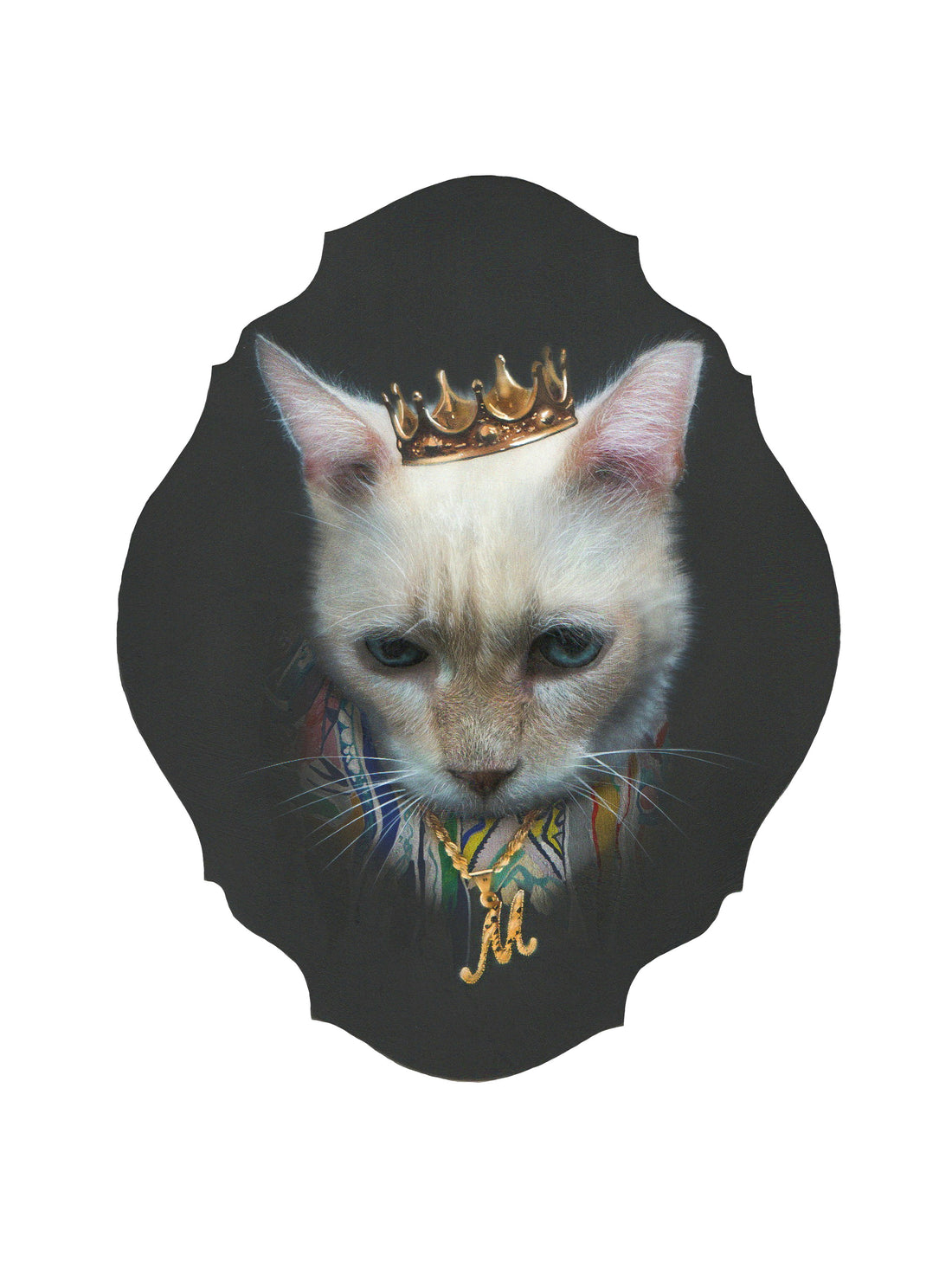 Pale cat with a gold crown and jeweled necklace against black.
