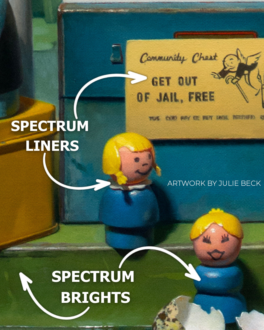 Yellow duck toys beside brush tips labeled Spectrum Liners and Spectrum Brights.