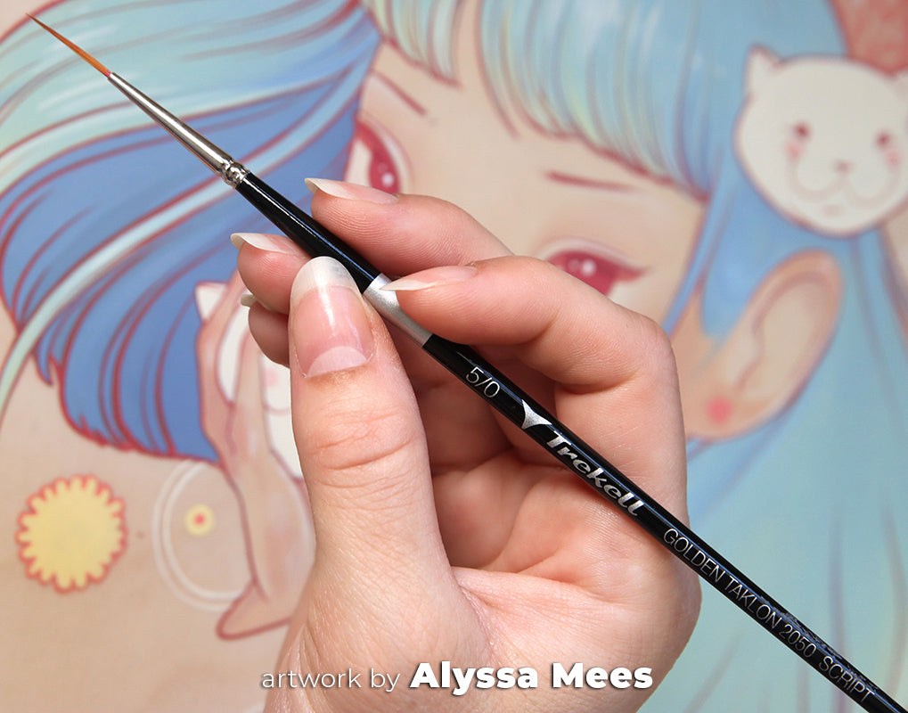 Fine brush adds facial details to a pastel blue-haired woman's portrait.