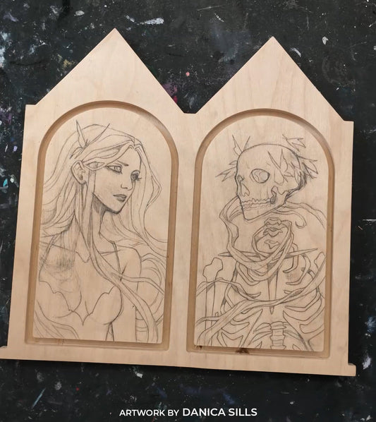 Pencil drawings of a woman and a skeleton on a pointed two-part wood panel.