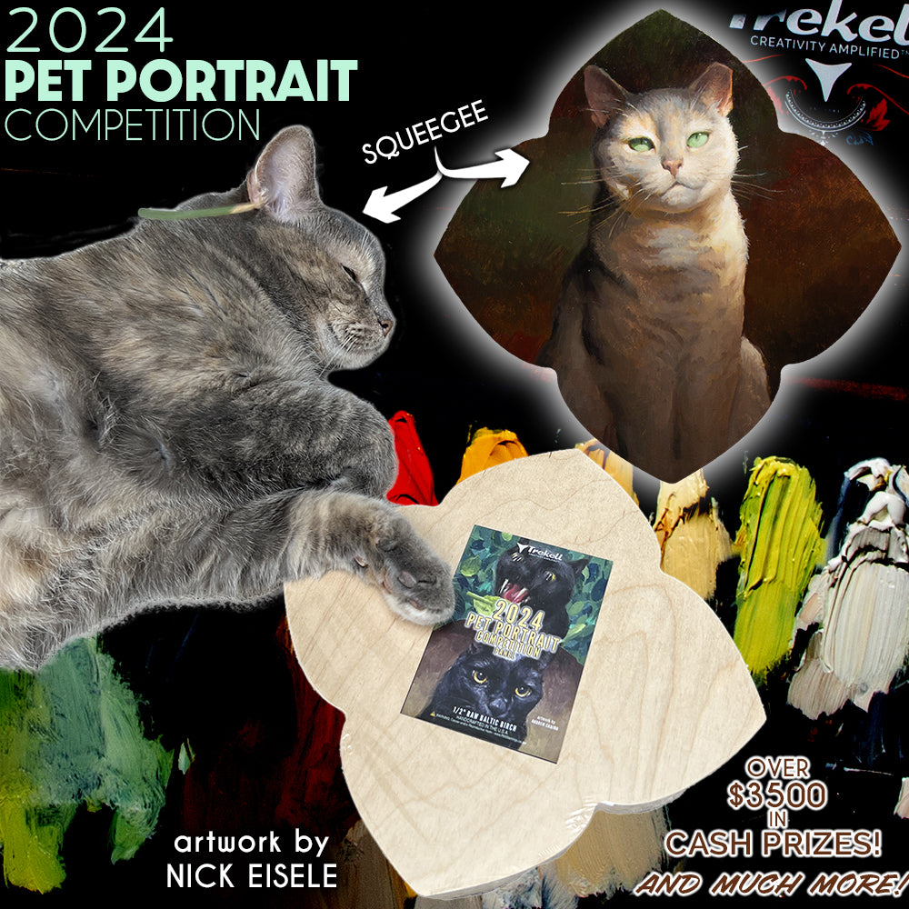 2024 Pet Portrait Competition graphic with a cat, artwork and shaped panels.