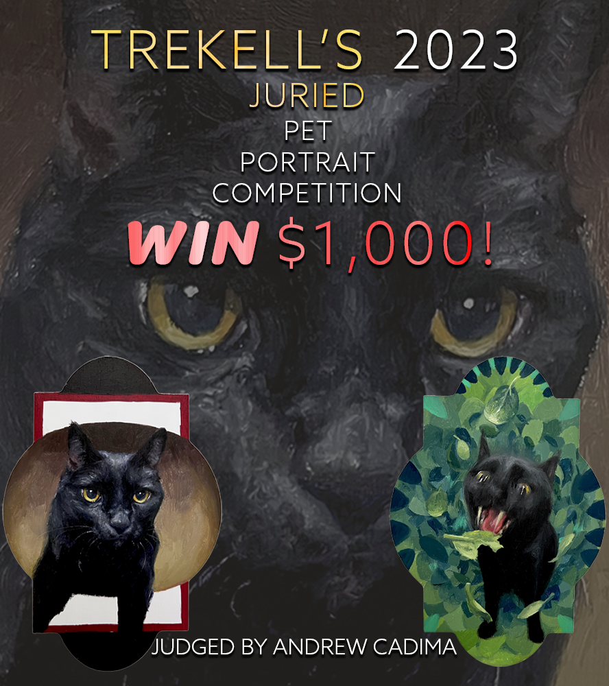Trekell's 2023 Pet Portrait Competition poster advertising a $1,000 prize over a cat portrait.