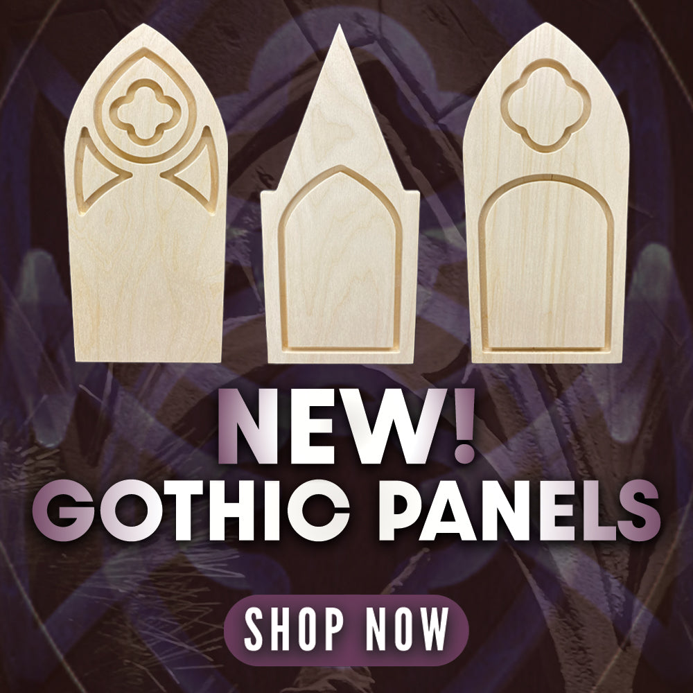 New Gothic Panels graphic showing three carved wooden panels with Shop Now text.