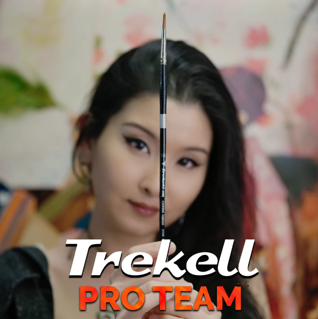 Woman holds a thin brush before her face; text reads Trekell Pro Team.