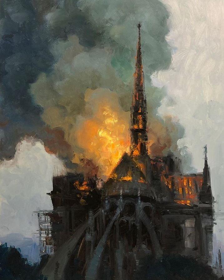 Tall Gothic structure burns beneath dense gray smoke.