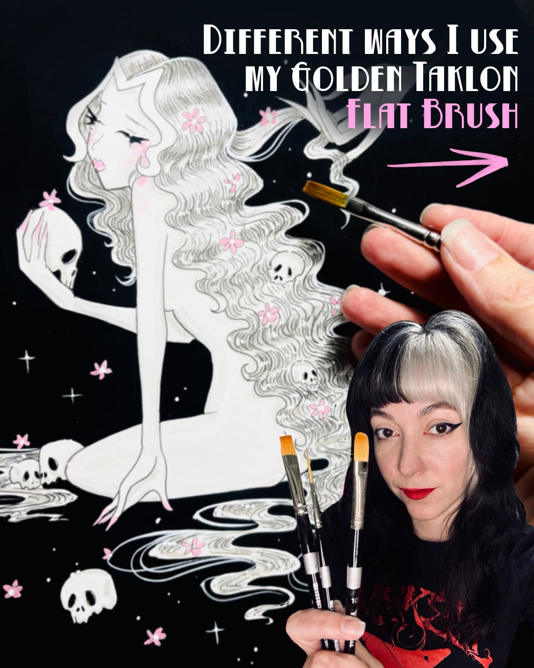Cat's-tongue brush demonstration graphic over a black-and-white surreal illustration.