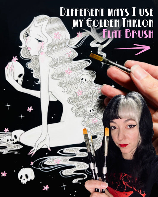 Cat's-tongue brush demonstration graphic over a black-and-white surreal illustration.