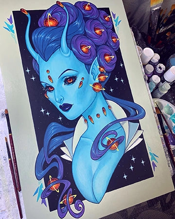 Blue-skinned woman with purple hair and an eye motif on a rectangular panel.