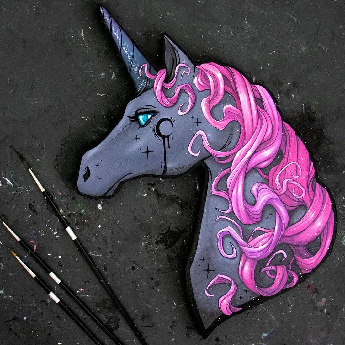 Dark unicorn with a curling pink mane on a shaped panel.