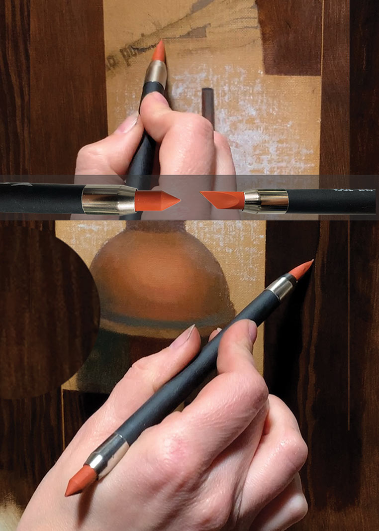 Hands use a measuring tool beside a flat brush and a painted wooden surface.