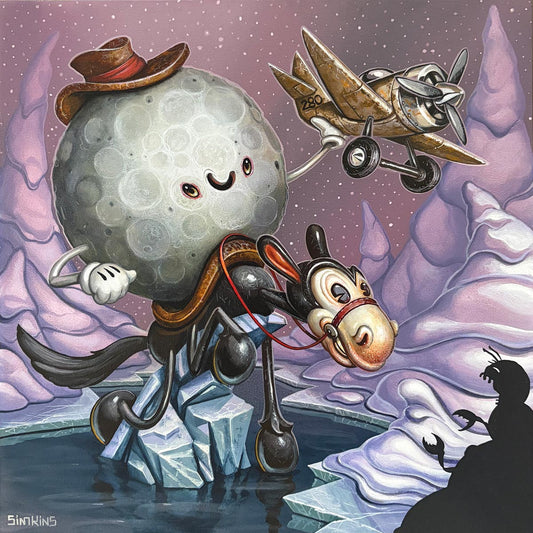 Smiling moon, spiky creature and small figures in a blue-purple surreal scene.