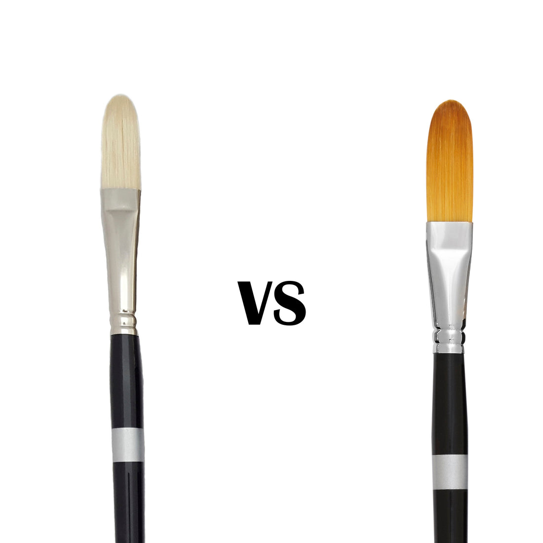 Pale rounded brush and golden flat brush side by side with VS lettering.