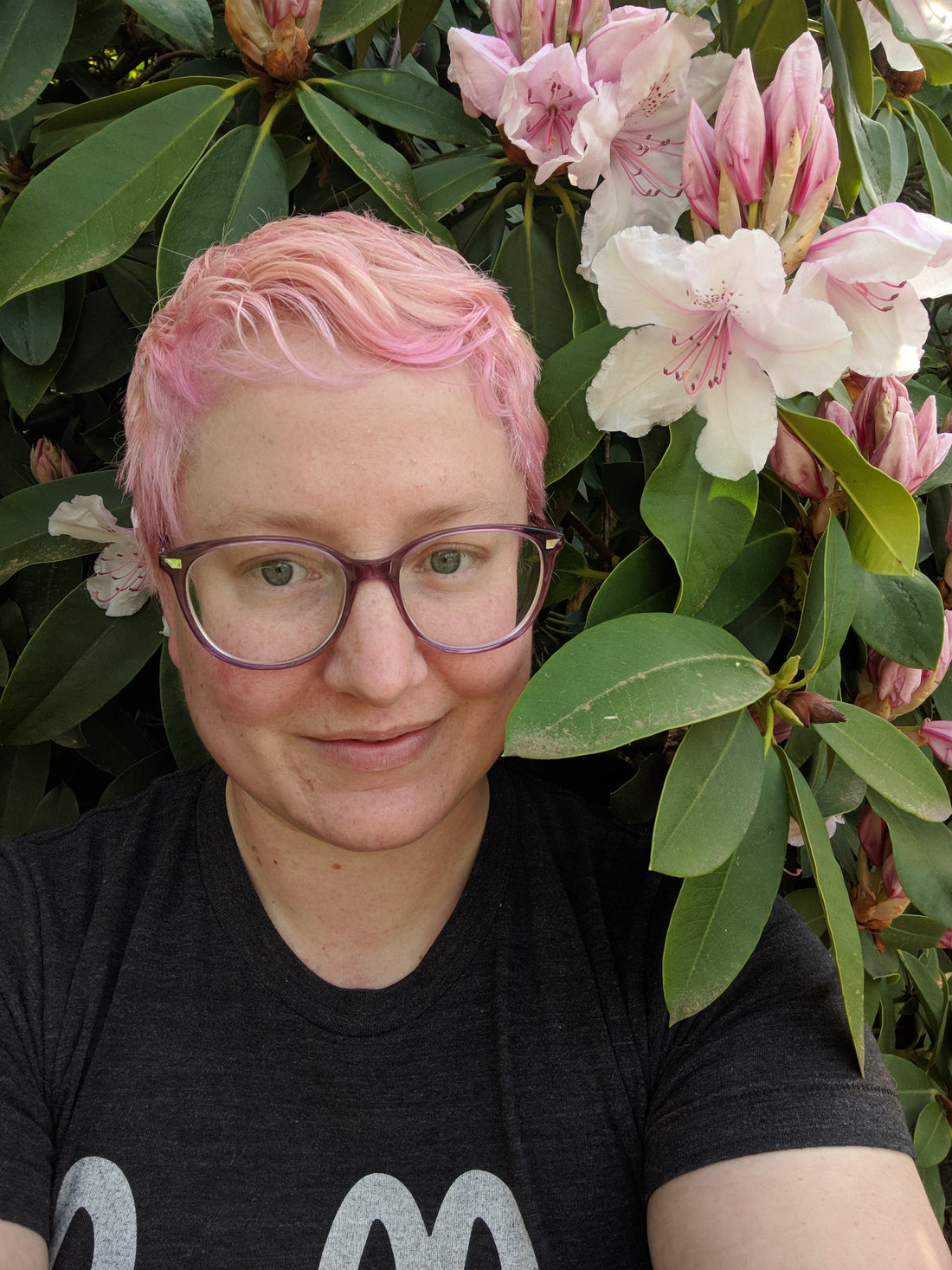 Pink-haired person with glasses poses beneath pink flowers.