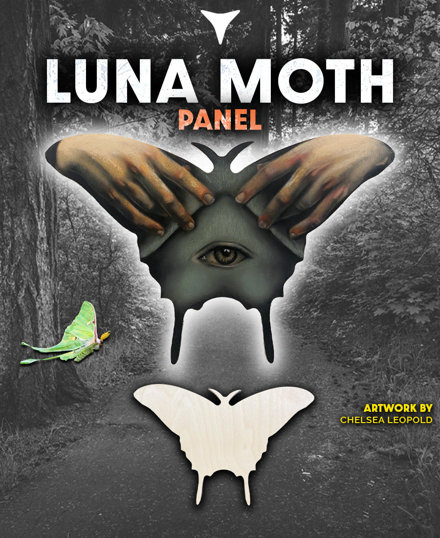 Luna Moth Panel graphic with a painted mothlike creature above an unpainted winged panel.
