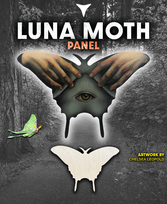 Luna Moth Panel graphic with a painted mothlike creature above an unpainted winged panel.