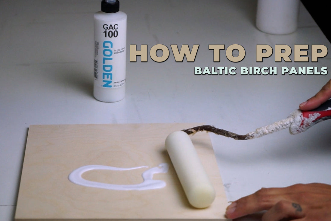 Foam roller spreads white coating on a panel; text reads How to Prep Baltic Birch Panels.