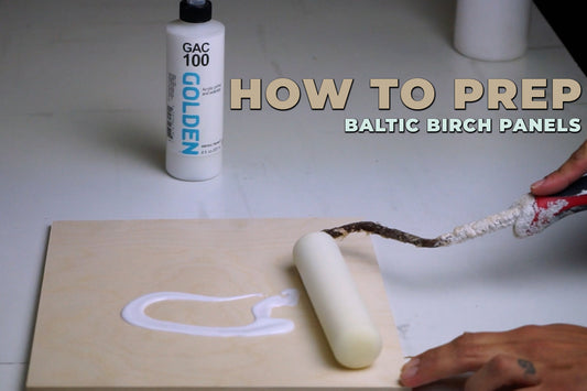 Foam roller spreads white coating on a panel; text reads How to Prep Baltic Birch Panels.