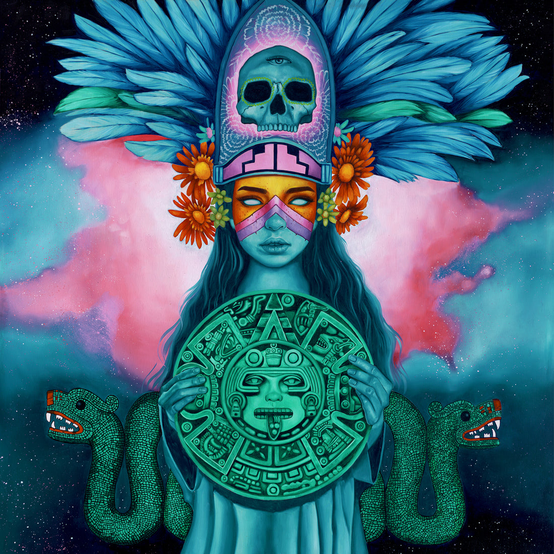 Teal figure in a feathered headdress with a skull above its face against pink clouds.