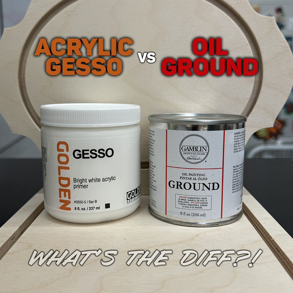 Acrylic vs Oil Ground graphic with gesso and oil-ground containers.