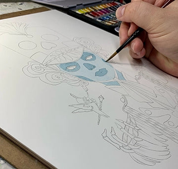 Hand paints pale blue details in a penciled illustration.
