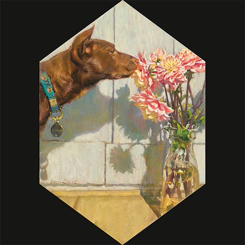 Brown horse looks toward a glass vase of pink flowers on a hexagonal panel.