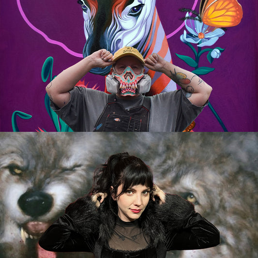 Two artist portraits beside colorful paintings, one person forming a heart with their hands.