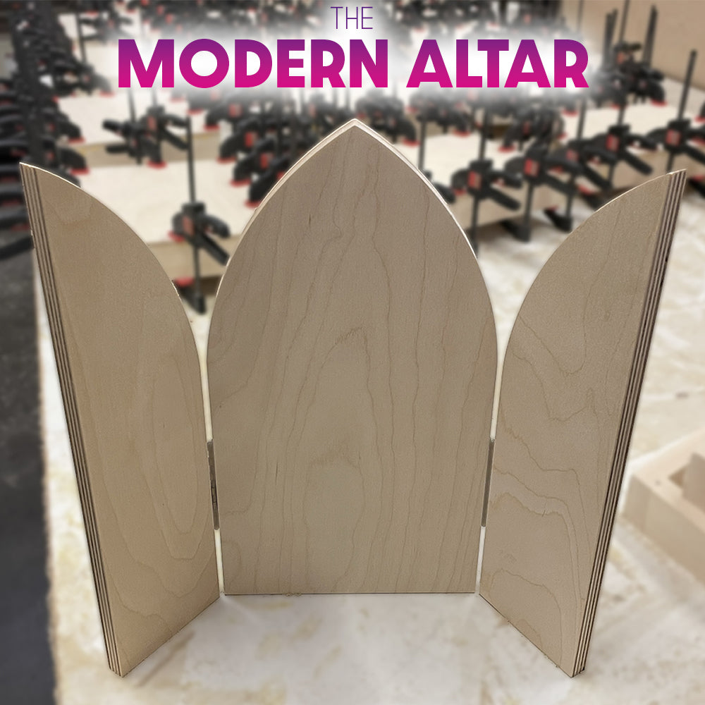 Modern Altar graphic showing an open wooden arch panel with curved wings.