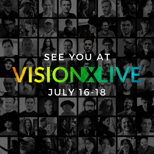 See You at VisionXLive, July 16–18 lettering over a grid of headshots.