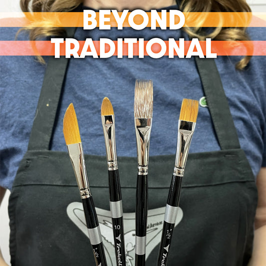 Beyond Traditional graphic with four golden-bristled brushes on a dark apron.